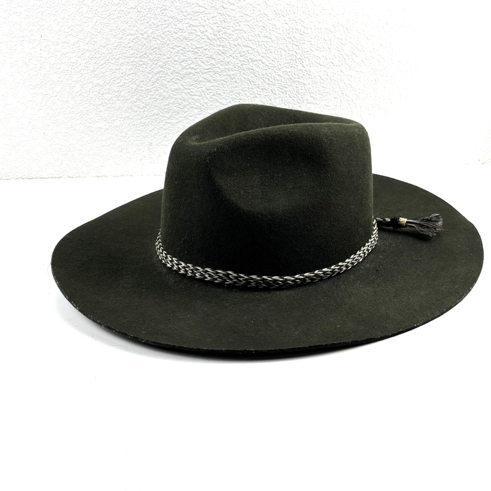 Brixton Fedora Hat Unisex XS Olive Green Wool Wide Brim Tassel Band